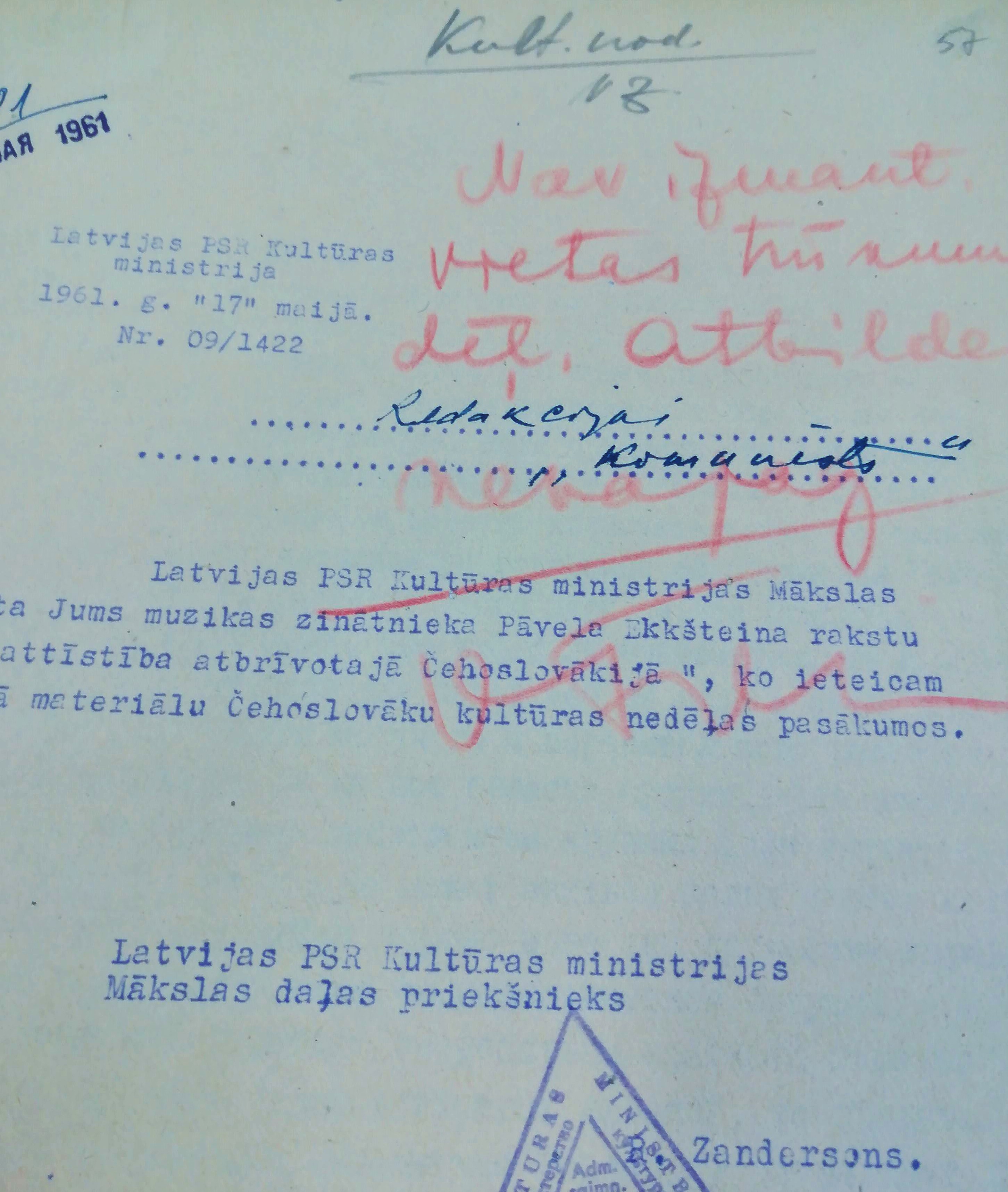 4.	V. Freimanes vīzēts dokuments laikraksta "Komunists" redakcijā. Liepājas zonālā valsts arhīva krājums 464/2/25.